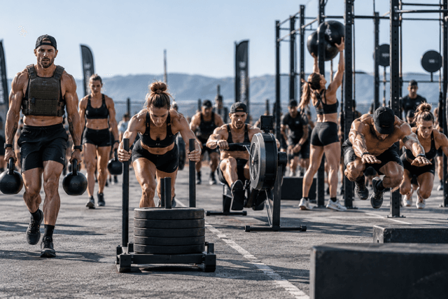 Functional fitness athletes training together at an event