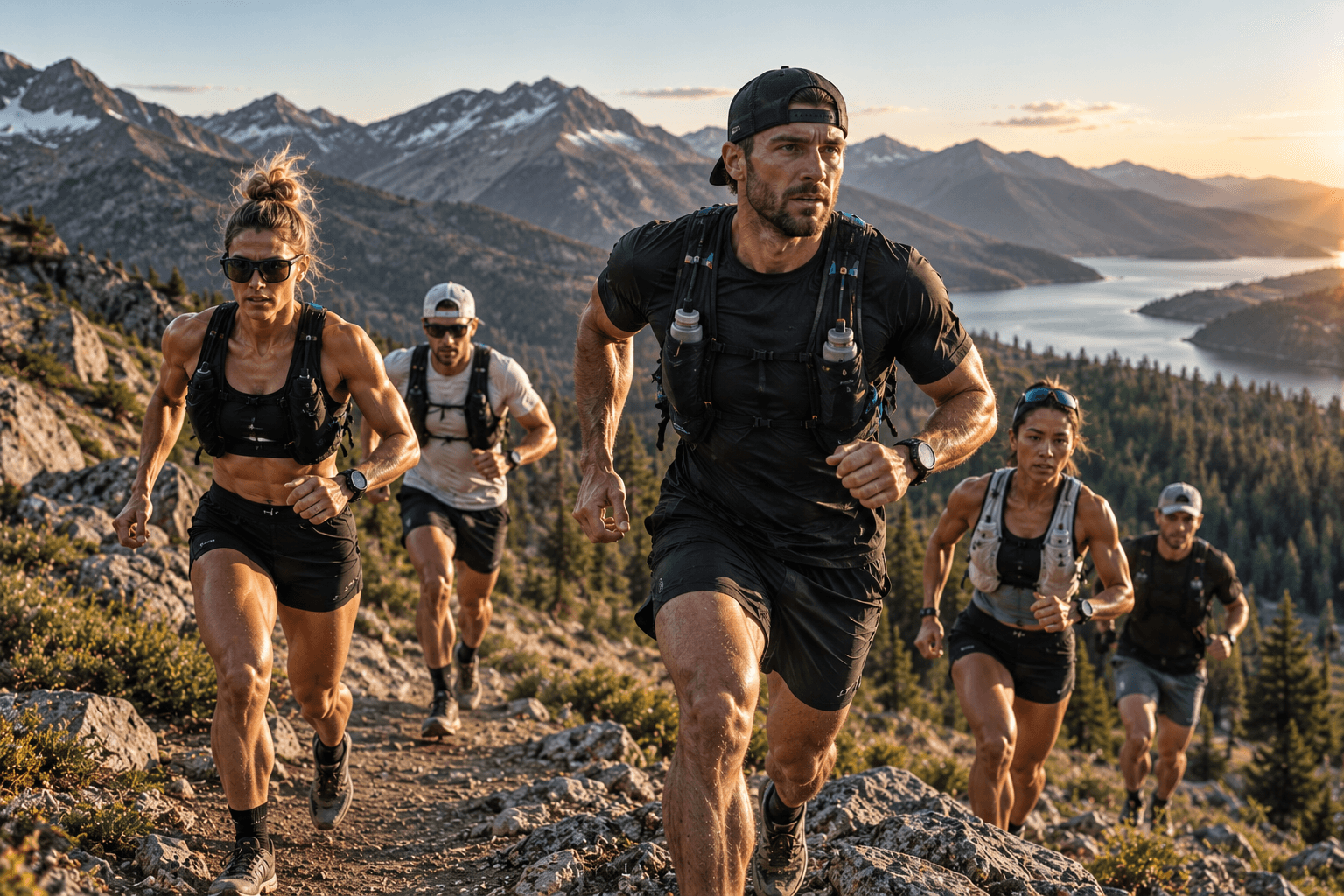 Trail runners moving together through the mountains