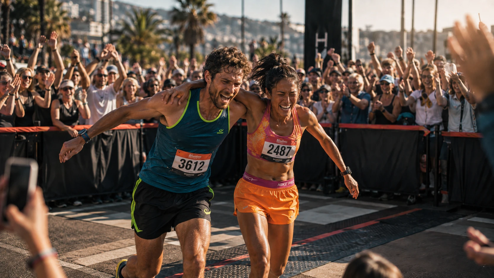 Two athletes crossing the finish line together