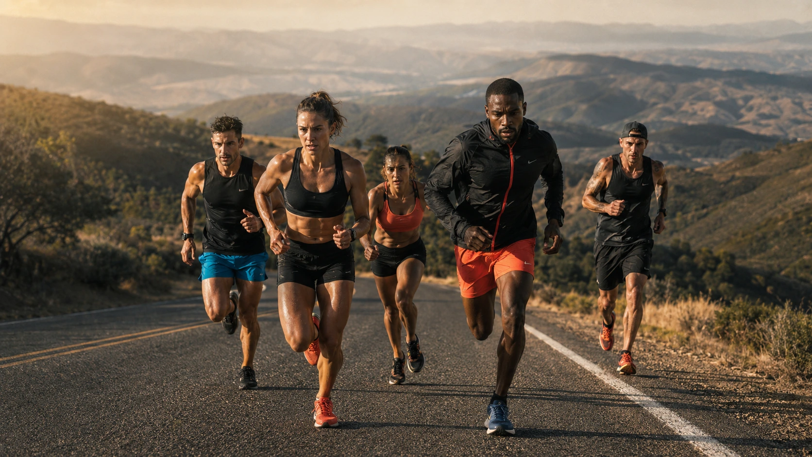 Five hybrid athletes running uphill on a mountain road