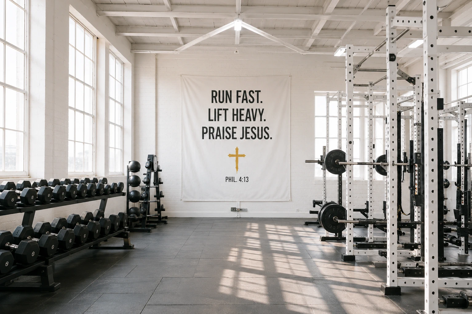 Bright strength gym with a Run Fast Lift Heavy Praise Jesus banner
