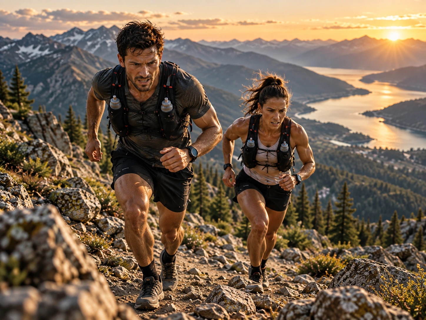 Two endurance athletes climbing a rocky mountain trail at sunset